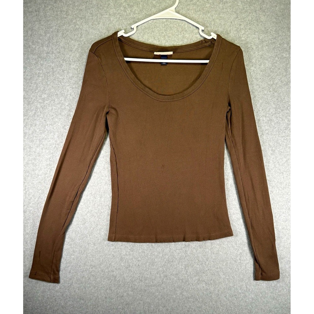 Stain*Universal Thread Women M Brown Stretch Ribbed Knit Scoop Neck Long Sleeve